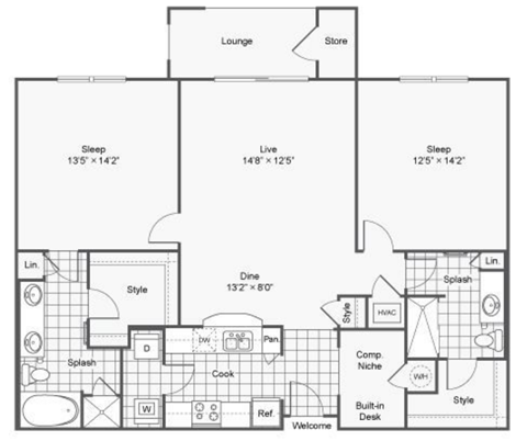 Floor plan for 2 beds, 2 baths, 1252 sqft